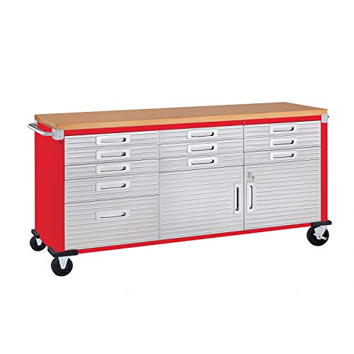 Seville Classics UltraHD Heavy Duty Rolling Cabinet Workbench Table w/Solid Wood Top, Workstation for Garage, Warehouse, Office, Workshop, 77" W x 20" D x 37.5" H, Red, 11-Drawer