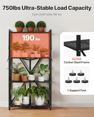 VEVOR 4-Tier Foldable Storage Shelf, 28W x 13D x 54H Inch Folding Metal Rack Shelving Unit, No Assembly Organizer Shelf with 5 Wheels & 4 Hooks for Pantry, Kitchen, Garage, Basement, Black