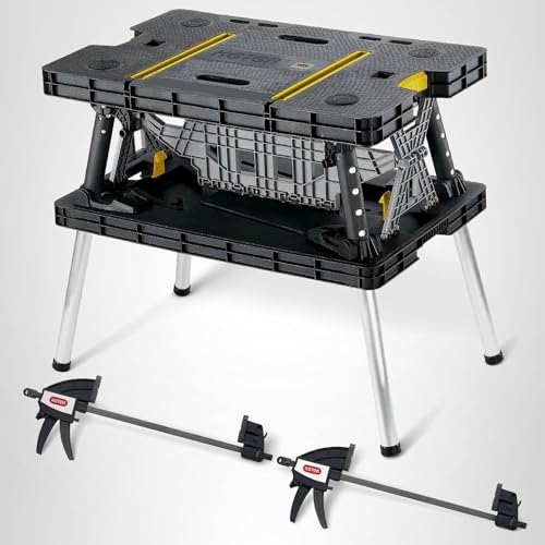 Keter Heavy-Duty Folding Workbench with 1,000 Pound Capacity - Foldable Work Table for Garage, Woodworking, and Outdoor Workshop with 12 Inch Adjustable Clamps