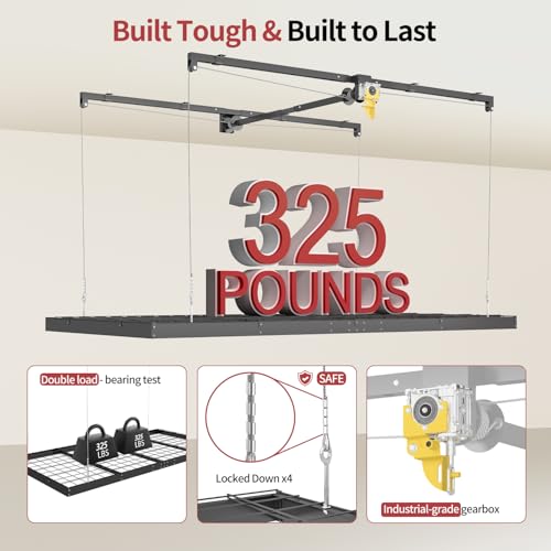 Garage Ceiling Storage Racks – 4x8 FT Overhead Garage Storage Rack with Safety Lock, Heavy-Duty Ceiling Mounted Lift System and Storage Organizer, Ideal for Maximizing Overhead Space, 325 lbs Capacity