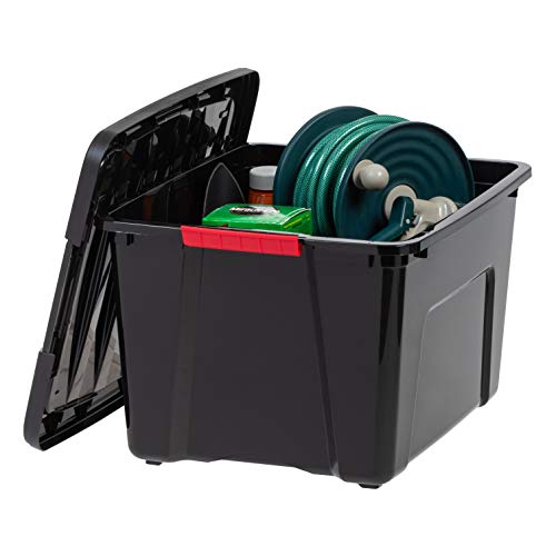 IRIS USA 40 Qt Stackable Plastic Storage Bins with Lids, 6 Pack - BPA-Free, Made in USA - Garage Organizing Solution, Latches, Durable Nestable Containers, Secure Pull Handle - Black
