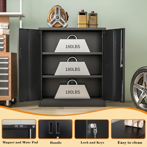 Wanfu Metal Storage Cabinet, 36" H Locking Storage Cabinet with 2 Adjustable Shelves, Metal Cabinets for Garage, Home, Office, Utility Room-Black