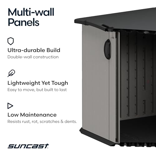 Suncast 138 Cu Ft Horizontal Outdoor Storage Shed, 57.5"x79.75"x52" Glidetop Outdoor Shed with Sliding Lid, Resin Storage Sheds with Floor for Bikes, Motorcycles, & Lawn Mower, Made in the USA
