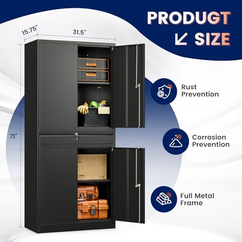 Yizosh Metal Garage Storage Cabinet with Locking Doors and Adjustable Shelves, 71" Tool Storage Cabinet with 1 Drawer for Garage,Warehouse (Black)