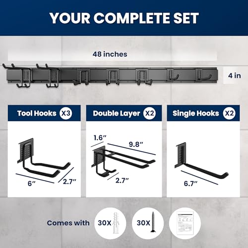 SUKIZZ 48'' All-Metal Garage Tool Organizer Wall Mount Heavy-Duty Tool Rack Holds 450 lbs, Adjustable Hooks for Garage, Yard, and Garden Equipment