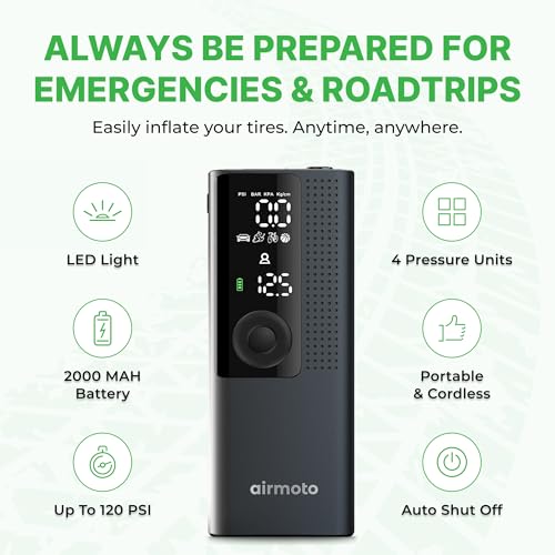 Airmoto Tire Inflator Portable Air Compressor - Air Pump For Car Tires with Digital Pressure Gauge, LED Light and Auto Shut-Off Function - Cordless Pump for Car, Motorcycle, Bicycle, Ball