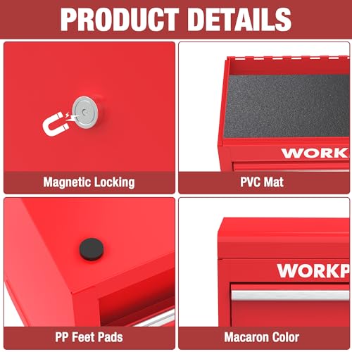 WORKPRO Mini Metal Tool Box with 2 Drawers and Top Storage, Small Tool Chest with PVC Liners and PP Feet Pads, Cold Rolled Steel Toolbox with Magnetic Tab