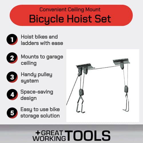 Great Working Tools Ceiling Mount Bike Hoist Set of 2 Bike Hangers Pulley System
