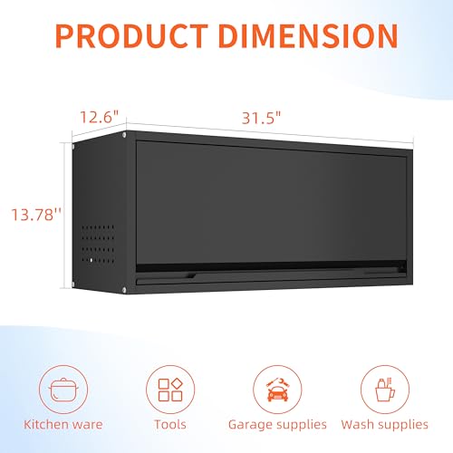 Yoonkool Metal Garage Wall Cabinet, Floating Garage Tool Cabinets with Up-Flip Door,13.8''H Hanging Wall Mounted Storage Cabinet for Garage, Warehouse, Kitchen, Bathroom, Workshop, RV, Black