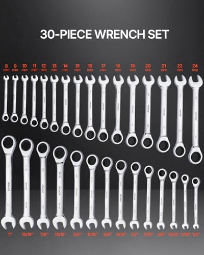 VEVOR Combination Wrench Set, 30-Piece Ratcheting Wrench Set with Organizer Rack, Cr-V Steel Wrench Set SAE 1/4" to 1", Metric 8 mm to 24 mm, Ideal for General Household, Garage, Workshop, Emergency