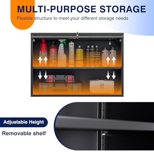 Yizosh Metal Garage Wall Cabinet with Doors and Shelves, Wall Mounted Metal Storage Cabinet, Floating Garage Tool Cabinet for Garage, Basement, Kitchen, Warehouse (Black, 21.6" H)