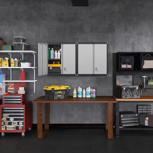 GREATMEET Lockable Storage Cabinet, Metal Garage Storage Cabinets, Metal Wall Cabinet for Garage, Wall Mount Cabinet with Lock and Adjustable Shelf, Floating, Black&Grey