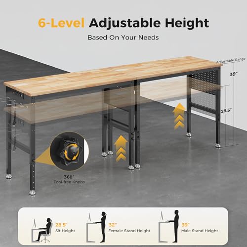 CAMMOO 96" Adjustable Heavy Duty Workbench, 2000 LBS Load Capacity Rubber Wood Work Table with Pegboard, Power Outlets, Work Bench for Garage, Workshop, Office, Home, Commercial, Ships in 2 Boxes