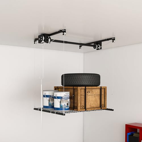 S.Walt Hanging Garage Ceiling Storage Racks, Adjustable Overhead Garage Storage Lift, Mounted 44 ft Heavy-Duty Steel Platform for High Ceilings 1012 ft, Supports 250 lbs for Everyday Use