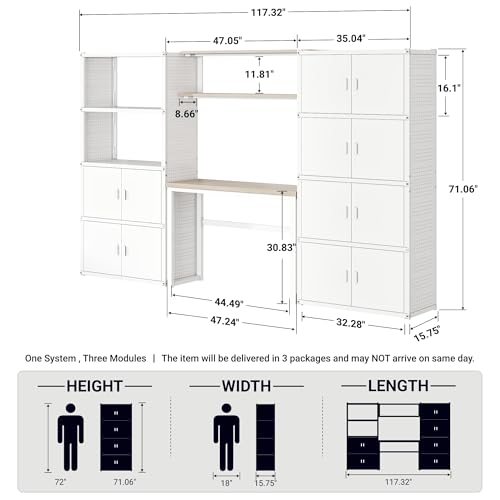 FLEXIMOUNTS Modular Garage Storage Cabinet System, All-in-One Garage Cabinet Set with Workbench & Pegboard, 6-Door with Open Shelf Access Heavy Duty Steel Tool Organization System, White, FLEXIMOD