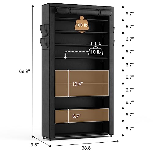 ROJASOP 10 Tier Shoe Rack with Covers,Large Capacity Stackable Tall Shoe Shelf Storage to 50-55 Pairs Shoes and Boots Sturdy Metal Free Standing Shoe Rack Organizer for Closet Entryway Garage