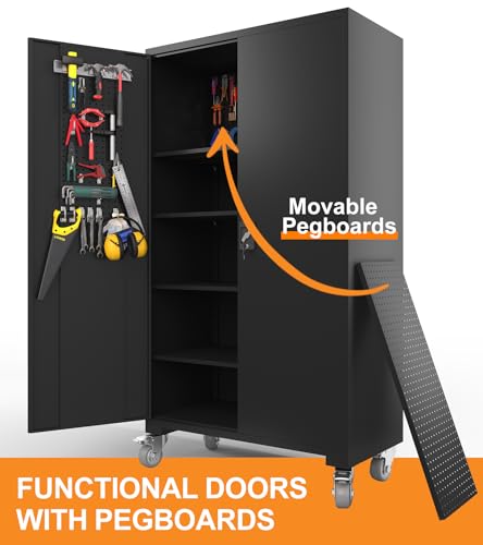 ANTISTA Large Metal Cabinet Two Lockable Doors Four Wheels,Four Adjustable dividers can be Used as Tool File Storage Suitable for garages Schools Gyms Offices