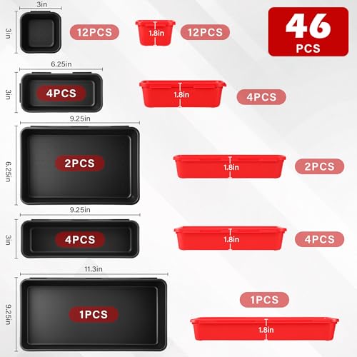 TOOLEAGUE 46Pcs & 5 Sizes Tool Box Organizer Tray Set with 15Lb Magnetic Pickup Pen,Drawer Organizer Bin, Garage Organization and Storage Workshop Rolling Tool Chest WorkBench Small Part(Black, Red)
