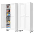 PAOFIN 75''H Metal Garage Storage Cabinet with Wheels,Steel File Cabinets with 2 Doors and 5 Adjustable Shelves for Home Office, Warehouse, Required Assembly,White