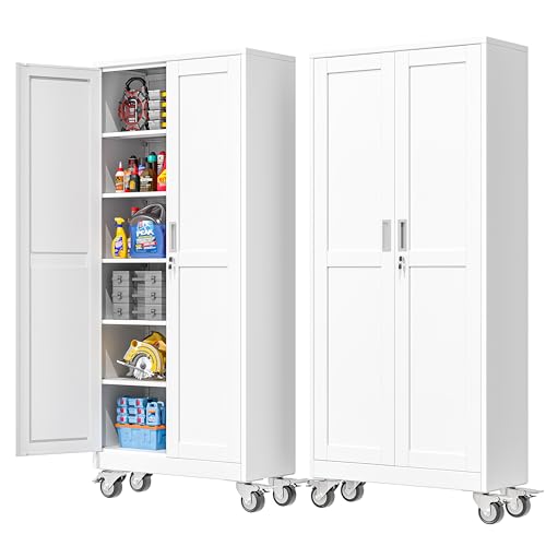 PAOFIN 75''H Metal Garage Storage Cabinet with Wheels,Steel File Cabinets with 2 Doors and 5 Adjustable Shelves for Home Office, Warehouse, Required Assembly,White
