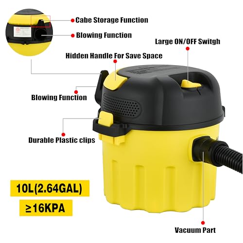 SIPPON Wet/Dry Vacuum Cleaner, 3-in-1 Portable Workshop Vacuum Cleaner, Lightweight 3-Gallon Wet/Dry Vacuum Cleaner, with Blower Function and Wall-Mount Design, Suitable for All Floor Types.(Low)