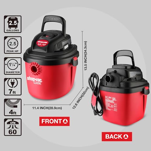 Shop-Vac 2.5 Gallon 2.5 Peak HP Wet/Dry Vacuum, Portable Compact Shop Vacuum with Collapsible Handle Wall Bracket & Multifunctional Attachments for Home, Jobsite. 2036000