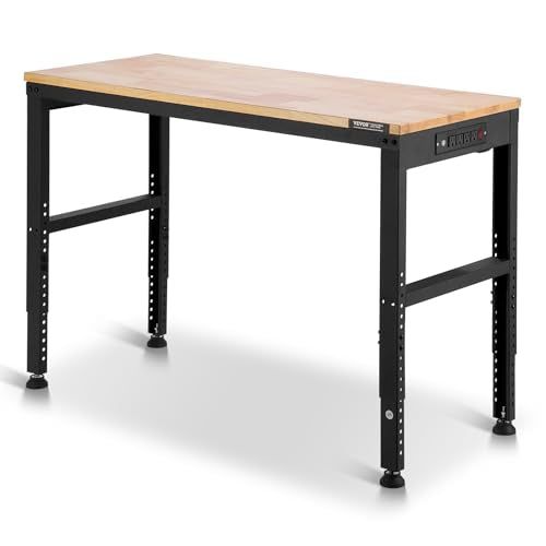 VEVOR Adjustable Workbench, 48 x 20-inch Heavy Duty Work Bench with 28.5-38.3 Inches Height Adjustment, 2000 lbs Capacity Garage Workbench with Power Outlets, Suitable for Office, Garage, Workshop