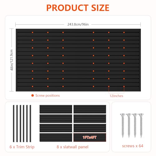 Slat Wall Paneling 4ft x 8ft, Slatwall Panel PVC Garage Storage System Heavy Duty Wall Mounted Tool Organizer, Slate Board Wall Rack for Tools, Power Equipment & Organization,Black