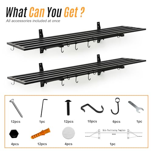 Leekimid 2-Pack 1X4 FT Garage Shelving Wall Mounted Holds Up to 800 Lbs Heavy Duty Wall Shelf, Black Metal Floating Adjustable Wall System Shelves for Garage Storage, Shed