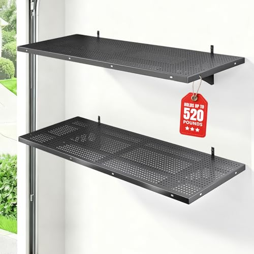 Greddu 2-Pack 1.5x4ft Heavy Duty Garage Shelving Wall Mounted, 520 Pounds Total Load Capacity, Garage Shelves withHooks,Black