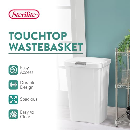Sterilite 13 Gallon TouchTop Wastebasket Trash Can Garbage Recycle Bin with Titanium Latch for Kitchen, Garage, Basement, or Office, White (8 Pack)