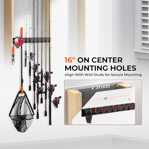 KastKing GravityLock Fishing Rod Holder, V8 & V9 2-Pack Wall Mounted Fishing Rod Rack, Holds up to 17 Fishing Rods or Combos, Universal Rod Storage System, Heavy-Duty Grip, Built-in Line Spooler
