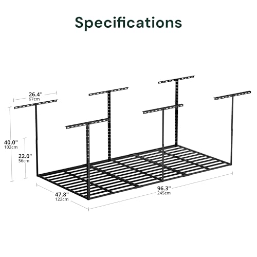 SunsGrove 4x8 Overhead Garage Storage Rack Organization, Adjustable Ceiling Mounted Storage Racks, 800LBS Weight Capacity, 22"-40" Ceiling Dropdown, Hammertone Black