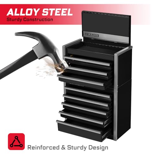 Geinxurn 8-Drawer Rolling Black Tool Box, Heavy Duty Micro Roll Cab Steel Stackable Tool Chest with Lockable Drawers, 2-in-1 Large & Compact Combo Set (3-Drawer + 5-Drawer) for Garage, Workshop