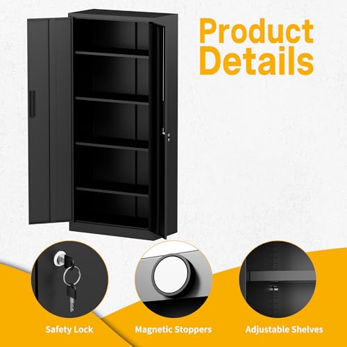 Reegangfa Metal Storage Cabinet with 2 Doors and 4 Adjustable Shelves, 71" Garage Storage Cabinet with Anti-Tipping Design, Lockable Garage Cabinets for Office, Home, Garage, Gym, School