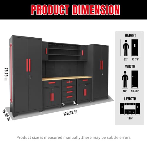 Torin Garage Storage Cabinets System, 8-Pcs Workshop Cabinet Set in Black, Included Steel Cabinets Drawers Rolling Chest and Pegboard,Locked Garage Storage Cabinet