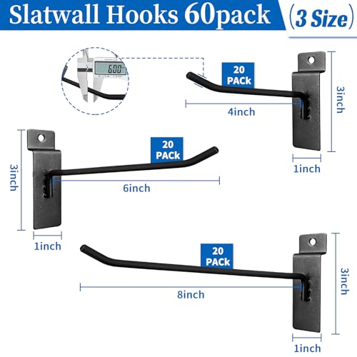 ZHLZHL 60 Pack Slatwall Hooks,4/6/8 Inch Heavy Duty Slat Wall Hooks Different Size Black Slatwall Accessories,peg Hooks for slatwall for Garages,Retail Stores