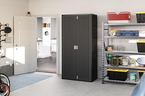 Suncast Mega Tall Storage Cabinet for Garage Organization - 31 Cu. Ft. Lockable Utility Closet with 3 Adjustable Shelves for Garden Supplies & Outdoor Tools, Multi-Wall Resin Construction, Black