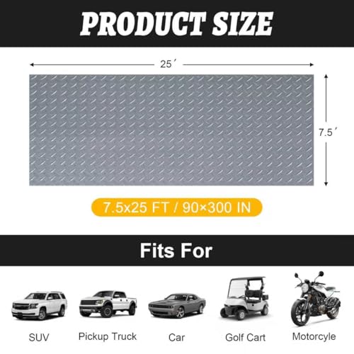 7.5x25 FT Garage Floor Mat, 2.8mm Thickened Flooring Roll Under Car Mat with 20Pcs Tapes, Diamond Plate, Non-Slip Floor Protector Mat for Trailer, Garage, Warehouse, Gyms, Trailer, Gray