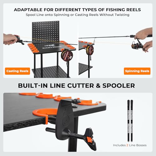 KastKing V10 Gear Trolley, Indoor Fishing Rod Holder for 10 Combos, 3-Tier Fishing Accessory Shelves With Peg Wall, Patented Built-in Line Spooler, Mobile Tackle Storage Cart With Locking Wheels