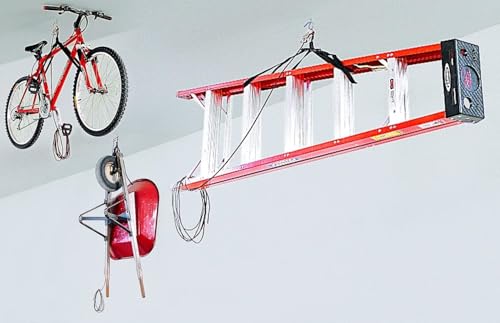 HARKEN Hoister - Overhead Garage Storage 1 Point Hoist System for Bikes, Ladders (45lb Capacity, 10ft Ceiling) Space-Saving Organization, Easy One-Person Operation, Safe Anti-Drop, Self-Leveling, 7800