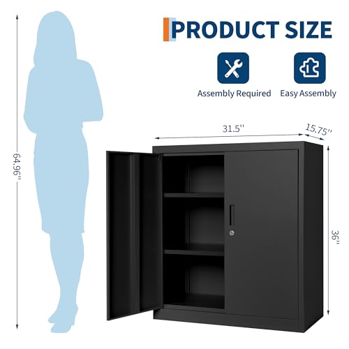 MilleLoom Metal Storage Locker, 36" Heavy Duty Garage Storage Cabinet with Locking Doors and Adjustable Shelves, Lockable Steel File Cabinet for Home Office Black