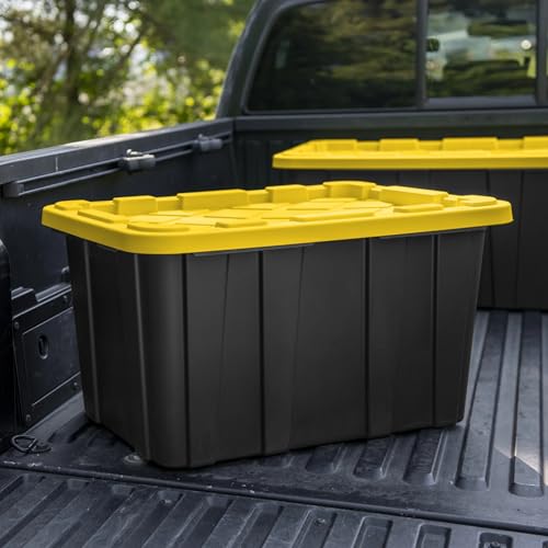 Alvanhqw 27 Gallon Plastic Storage Container with Snap-On Lid, Heavy-Duty Industrial Tote, Black and Yellow, 28.5x19.6x15.5 Inches, 6 Pack (6, Black/Yellow)