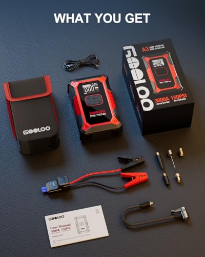 GOOLOO A3 Jump Starter with Air Compressor, 3000A Portable Car Battery Booster (9.0 Gas/6.5L Diesel) with 150PSI Auto-Shutoff Tire Inflator, 12V Supersafe Lithium Jump Box Car Battery Jumper Starter
