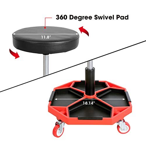 Torin ATRXF8308B Pneumatic Mechanic Stool/Rolling Shop Creeper Seat with Adjustable Height and 4 Removable Tool Trays, 300 lb Capacity, Black/Red