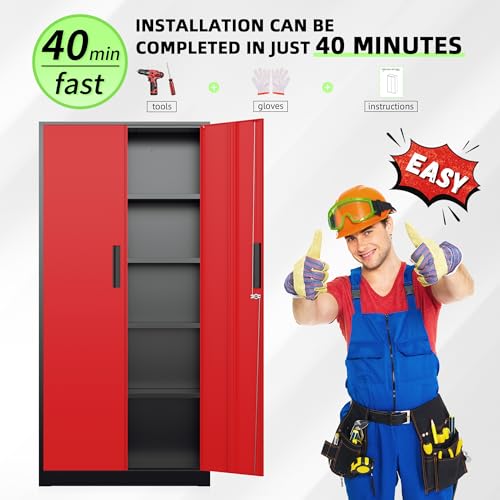 Bonusall 72" Metal Garage Storage Cabinet - 900lbs Heavy Duty Steel Cabinet with 3-Point Locking System & 4 Adjustable Shelves, Lockable Tall Storage for Garage, Office, Warehouse - Black & Red