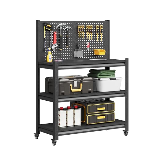 TOPASS Workbench with Pegboard, Adjustable Heavy Duty Work Table with Wheels, Heavy Duty Workstation, Metal Tool Work Bench for Garage Warehouse Workshop, 48" H x 18" D x 34" W, Black