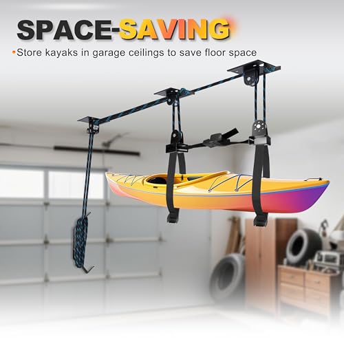 Hikeen Kayak Hoist for Garage Ceiling, Heavy Duty Kayak Pulley System, Hold Up to 150 lbs Capacity, Cargo Box Storage, Garage Organization Lift System Fit 10-14 Foot Ceilings