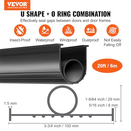 VEVOR Garage Door Seals Bottom Rubber, U Shape +O Ring Garage Door Weather Stripping, Universal Weatherproof Threshold Buffering Sealing Rubber, 5/16 inch T-Ends and 3 3/4 inch Width (20 Ft, Black)