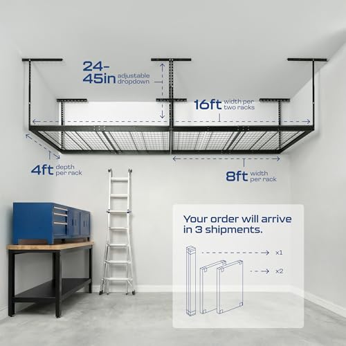 2-Pack 4 x 8 MonsterRax Overhead Garage Storage Rack, Ceiling Racks for Garage, Organization Shelving, Adjustable Hanging Shelf, Grey, 24"-45" Height Adjustment